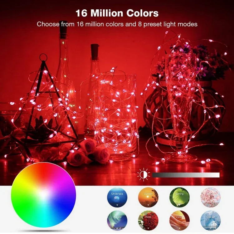 RGB USB LED 구리선 조명 스트링 휴일 장식 조명 스트링 블루투스 모바일 앱 제어, 2m 20 LED, 5m 50 LED, 10m 100 LED, 12m 120 LED, 15m 150 LED, 20m 200 LED