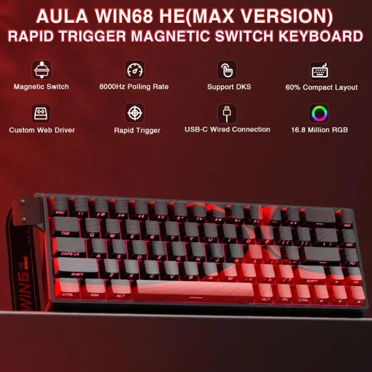 AULA WIN68HE MAX Version 68 Keys RGB Wired Keyboard, WIN68HE Red Wing Chun Magnetic Axis