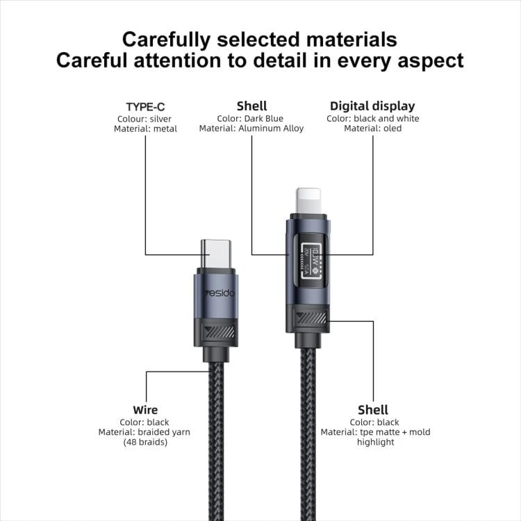 Yesido CA138L 12W 2.4A USB to 8핀 OLED 디스플레이 충전 데이터 케이블, USB to 8핀