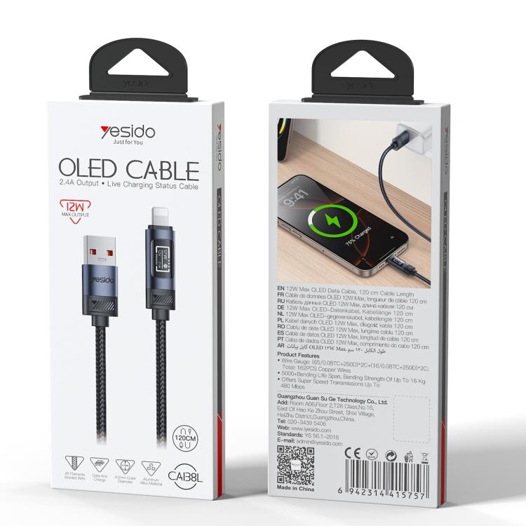 Yesido CA138L 12W 2.4A USB to 8핀 OLED 디스플레이 충전 데이터 케이블, USB to 8핀