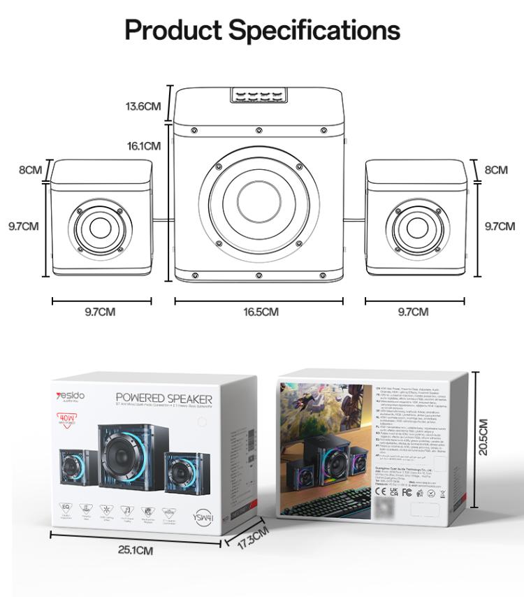 Yesido YSW41 40W 2.1채널 시스템 컬러풀 RGB 블루투스 스피커 서브우퍼, YSW41