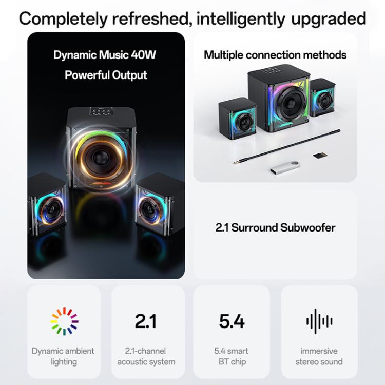 Yesido YSW41 40W 2.1채널 시스템 컬러풀 RGB 블루투스 스피커 서브우퍼, YSW41