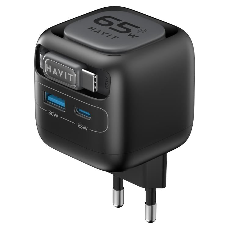 Havit UC253 65W 3-in-1 GaN 여행용 충전기 및 타입-C 리트랙터블 케이블, UC253(유럽 플러그)