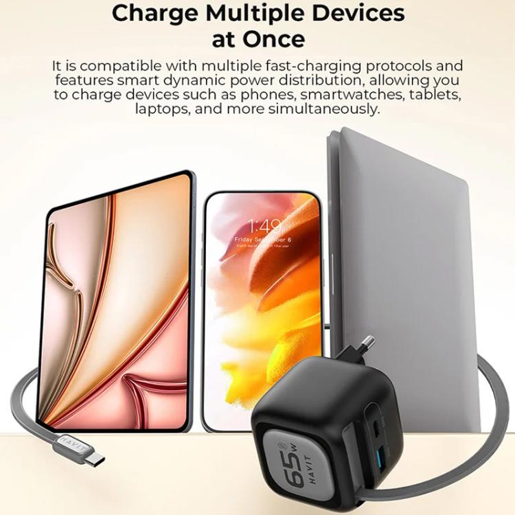 Havit UC253 65W 3-in-1 GaN 여행용 충전기 및 타입-C 리트랙터블 케이블, UC253(유럽 플러그)