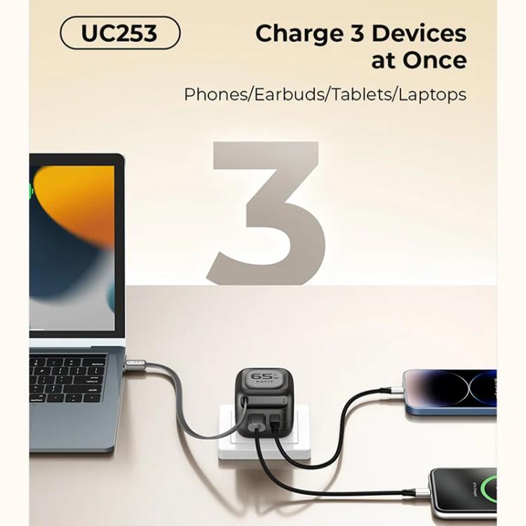 Havit UC253 65W 3-in-1 GaN 여행용 충전기 및 타입-C 리트랙터블 케이블, UC253(유럽 플러그)