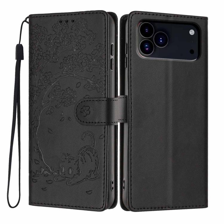 나무 고양이 엠보스드 플립 비건 가죽 폰 케이스, iPhone 17e / 16e용, iPhone 17 Pro Max용, iPhone 17 Pro용, iPhone 17용, iPhone Air용, iPhone 16 Pro Max용