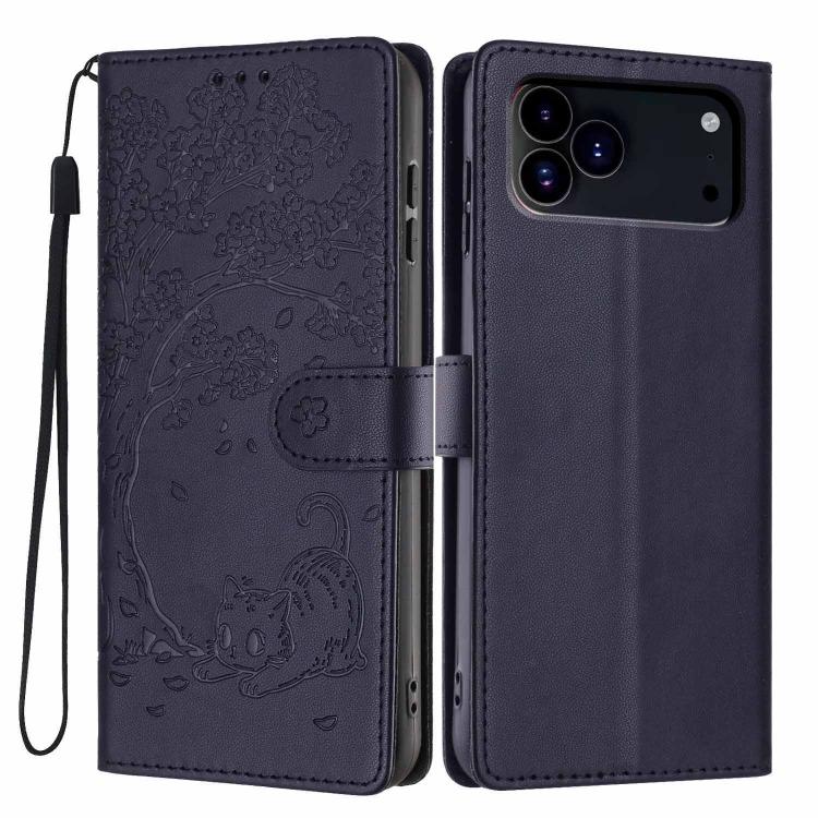 나무 고양이 엠보스드 플립 비건 가죽 폰 케이스, iPhone 17e / 16e용, iPhone 17 Pro Max용, iPhone 17 Pro용, iPhone 17용, iPhone Air용, iPhone 16 Pro Max용