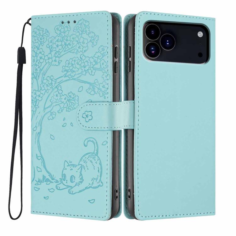 나무 고양이 엠보스드 플립 비건 가죽 폰 케이스, iPhone 17e / 16e용, iPhone 17 Pro Max용, iPhone 17 Pro용, iPhone 17용, iPhone Air용, iPhone 16 Pro Max용
