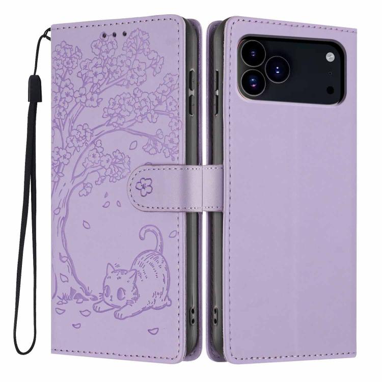 나무 고양이 엠보스드 플립 비건 가죽 폰 케이스, iPhone 17e / 16e용, iPhone 17 Pro Max용, iPhone 17 Pro용, iPhone 17용, iPhone Air용, iPhone 16 Pro Max용