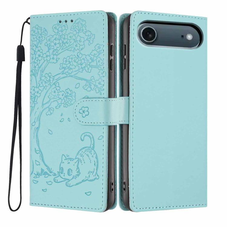 나무 고양이 엠보스드 플립 비건 가죽 폰 케이스, iPhone 17e / 16e용, iPhone 17 Pro Max용, iPhone 17 Pro용, iPhone 17용, iPhone Air용, iPhone 16 Pro Max용