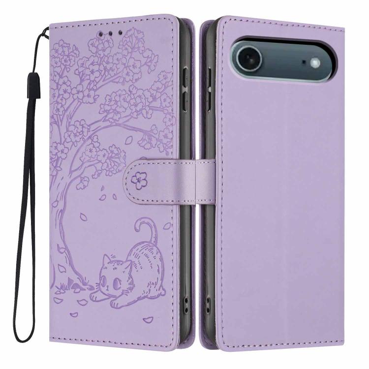 나무 고양이 엠보스드 플립 비건 가죽 폰 케이스, iPhone 17e / 16e용, iPhone 17 Pro Max용, iPhone 17 Pro용, iPhone 17용, iPhone Air용, iPhone 16 Pro Max용