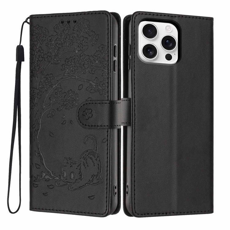 나무 고양이 엠보스드 플립 비건 가죽 폰 케이스, iPhone 17e / 16e용, iPhone 17 Pro Max용, iPhone 17 Pro용, iPhone 17용, iPhone Air용, iPhone 16 Pro Max용