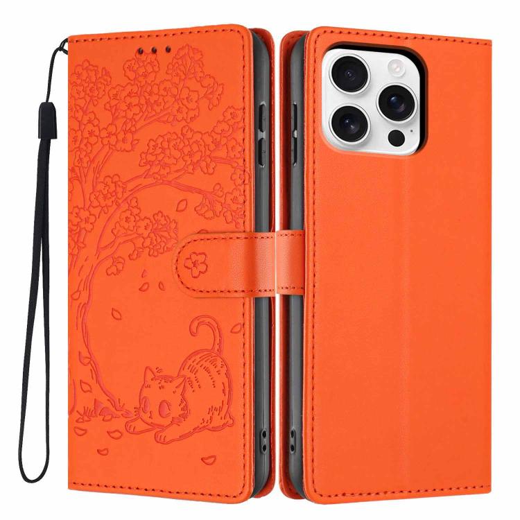 나무 고양이 엠보스드 플립 비건 가죽 폰 케이스, iPhone 16 Pro용, iPhone 16 Plus용, iPhone 16용, iPhone 15 Pro Max용, iPhone 15 Pro용, iPhone 15 Plus용