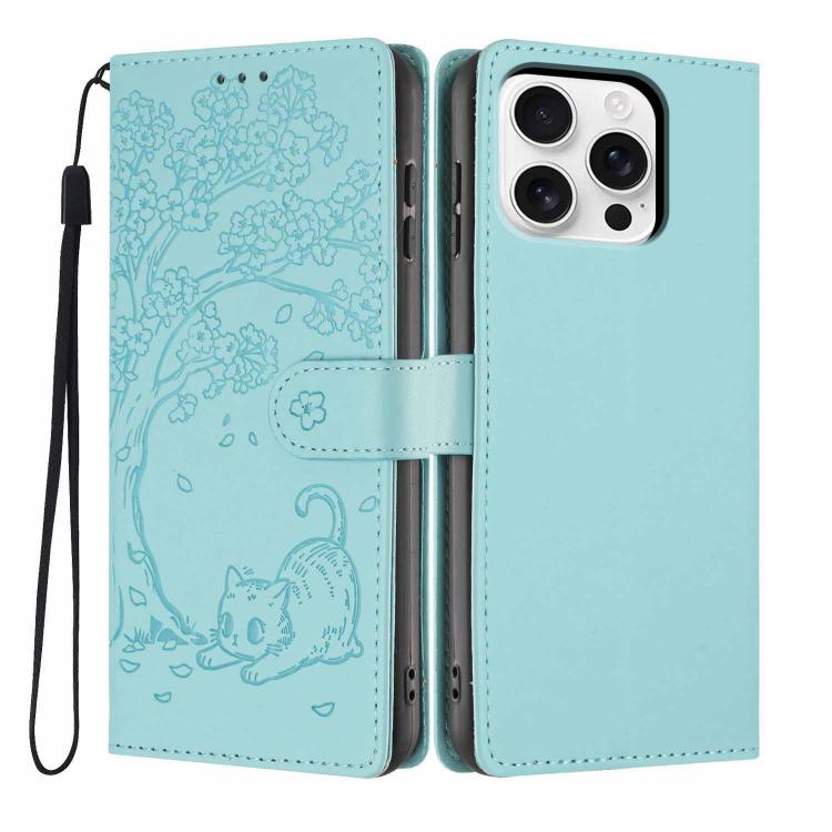 나무 고양이 엠보스드 플립 비건 가죽 폰 케이스, iPhone 16 Pro용, iPhone 16 Plus용, iPhone 16용, iPhone 15 Pro Max용, iPhone 15 Pro용, iPhone 15 Plus용