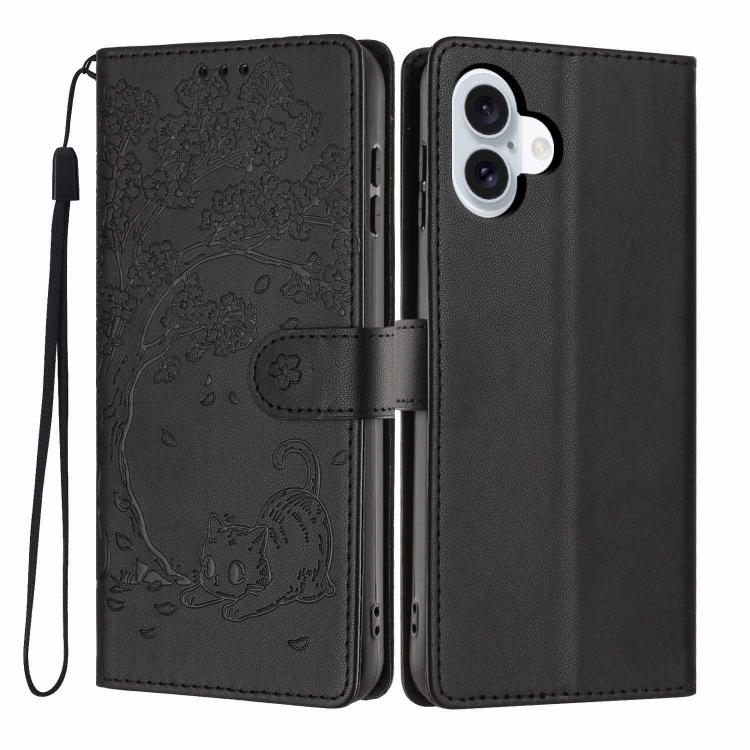 나무 고양이 엠보스드 플립 비건 가죽 폰 케이스, iPhone 16 Pro용, iPhone 16 Plus용, iPhone 16용, iPhone 15 Pro Max용, iPhone 15 Pro용, iPhone 15 Plus용