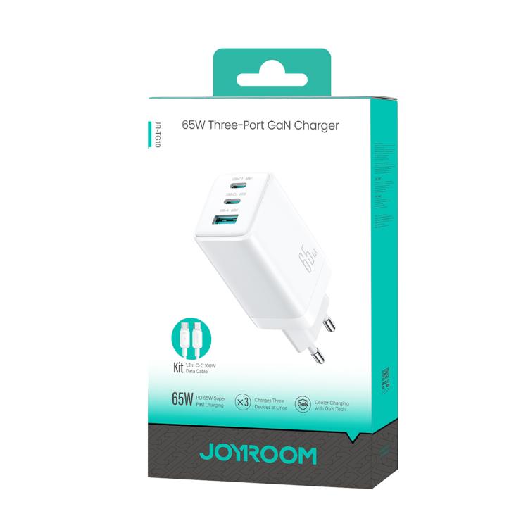 JOYROOM JR-TG10 65W GaN 듀얼 Type-C, USB 3포트 충전기 Type-C to Type-C 케이블 포함, EU 플러그, UK 플러그