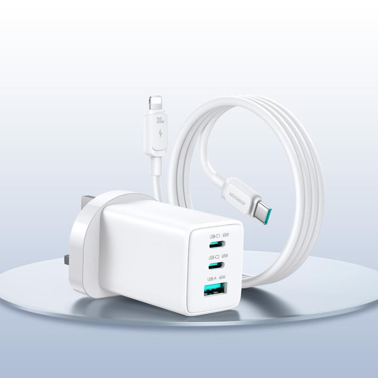 JOYROOM JR-TG10 65W GaN Dual Type-C, USB 3-Port Charger with Type-C to 8 Pin Cable, UK Plug