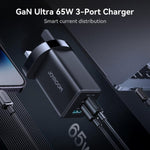 JOYROOM JR-TG10 65W GaN 듀얼 타입-C, USB 3포트 충전기 및 타입-C to 8핀 케이블, 영국 플러그