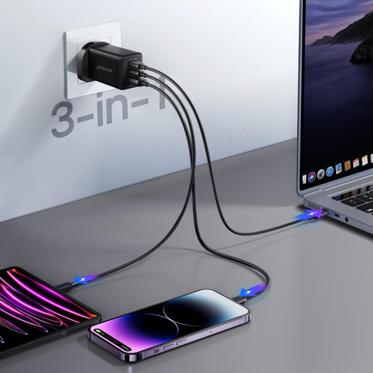 JOYROOM JR-TG10 65W GaN 듀얼 타입-C, USB 3포트 충전기 및 타입-C to 8핀 케이블, 영국 플러그