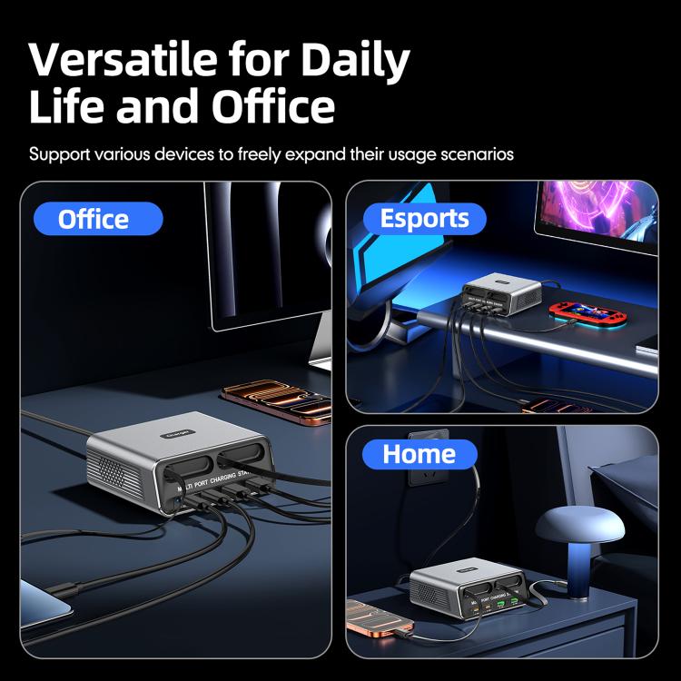 WXL-60C 6-in-1 데스크탑 멀티 포트 충전 스테이션 내장 듀얼 텔레스코픽 케이블, WXL-60C