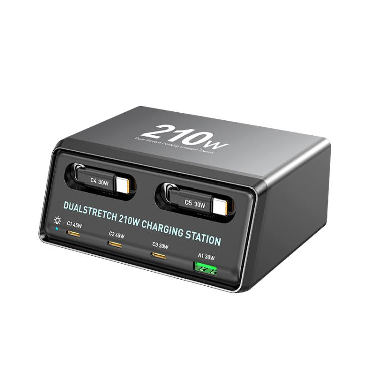 WXL-60E 210W 6-in-1 데스크탑 멀티 포트 충전 스테이션 내장 듀얼 텔레스코픽 케이블, WXL-60E