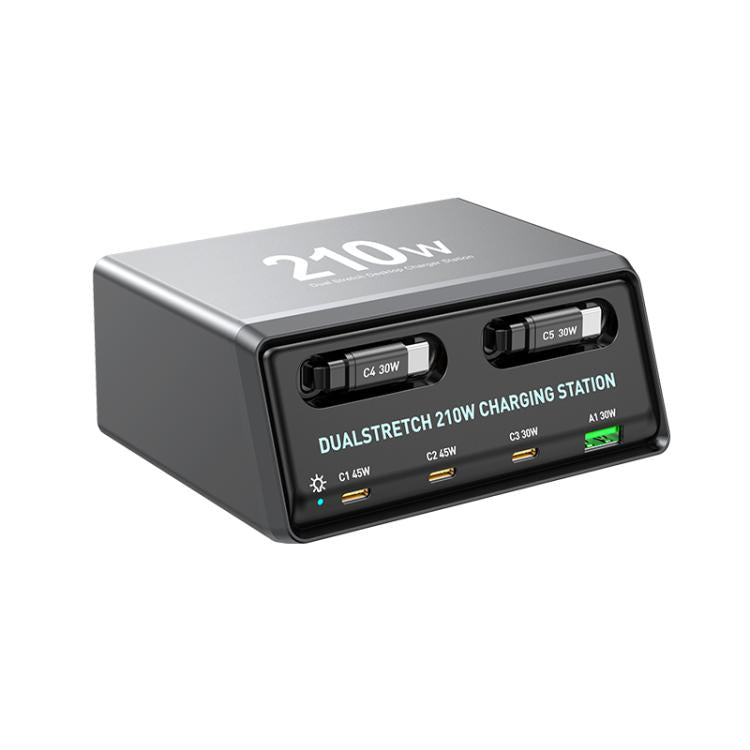 WXL-60E 210W 6-in-1 데스크탑 멀티 포트 충전 스테이션 내장 듀얼 텔레스코픽 케이블, WXL-60E