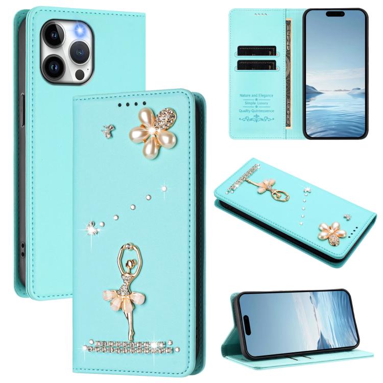 발레 소녀 다이아몬드 장식 RFID 비건 가죽 폰 케이스, iPhone 15용, iPhone 14 Plus용, iPhone 14 / 13용, iPhone 14 Pro용, iPhone 14 Pro Max용, iPhone 13 Pro Max용