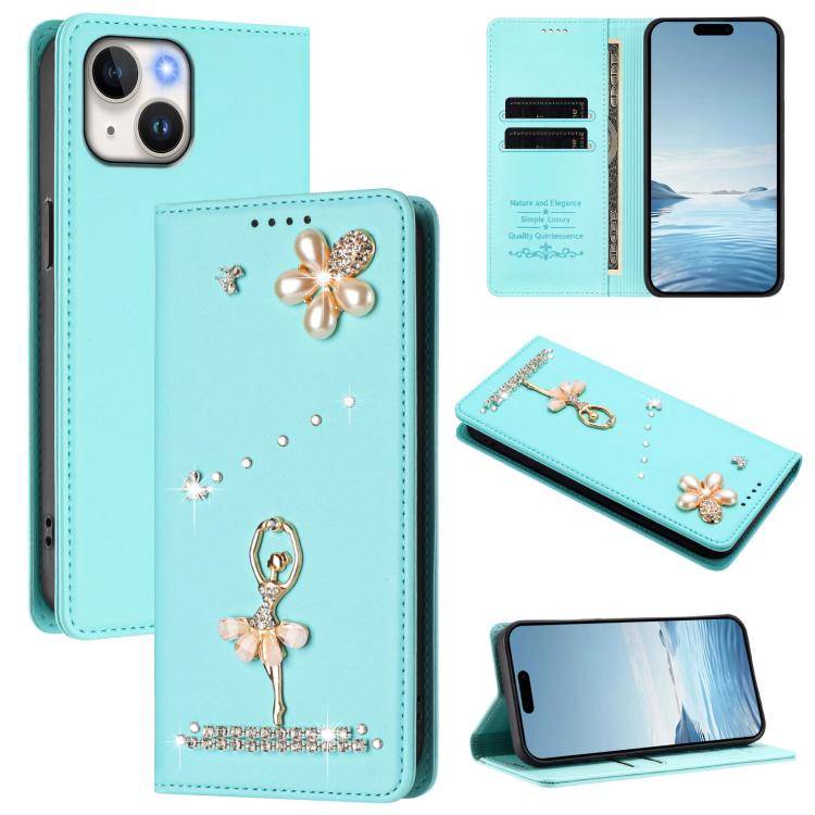 발레 소녀 다이아몬드 장식 RFID 비건 가죽 폰 케이스, iPhone 15용, iPhone 14 Plus용, iPhone 14 / 13용, iPhone 14 Pro용, iPhone 14 Pro Max용, iPhone 13 Pro Max용