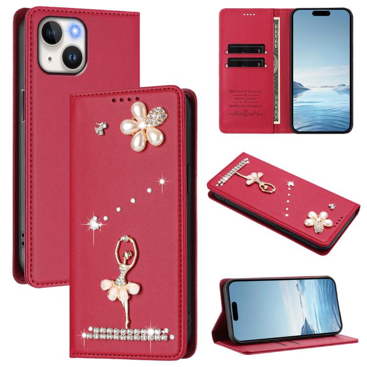 발레 소녀 다이아몬드 장식 RFID 비건 가죽 폰 케이스, iPhone 15용, iPhone 14 Plus용, iPhone 14 / 13용, iPhone 14 Pro용, iPhone 14 Pro Max용, iPhone 13 Pro Max용