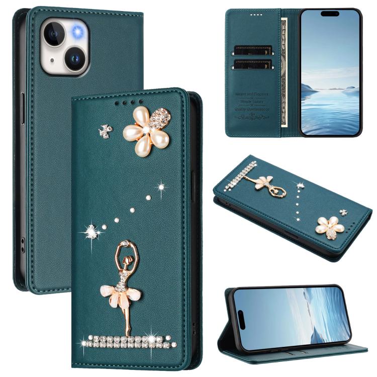 발레 소녀 다이아몬드 장식 RFID 비건 가죽 폰 케이스, iPhone 15용, iPhone 14 Plus용, iPhone 14 / 13용, iPhone 14 Pro용, iPhone 14 Pro Max용, iPhone 13 Pro Max용