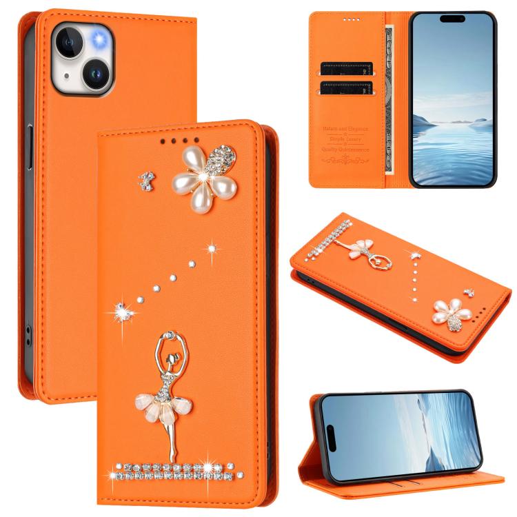 발레 소녀 다이아몬드 장식 RFID 비건 가죽 폰 케이스, iPhone 15용, iPhone 14 Plus용, iPhone 14 / 13용, iPhone 14 Pro용, iPhone 14 Pro Max용, iPhone 13 Pro Max용