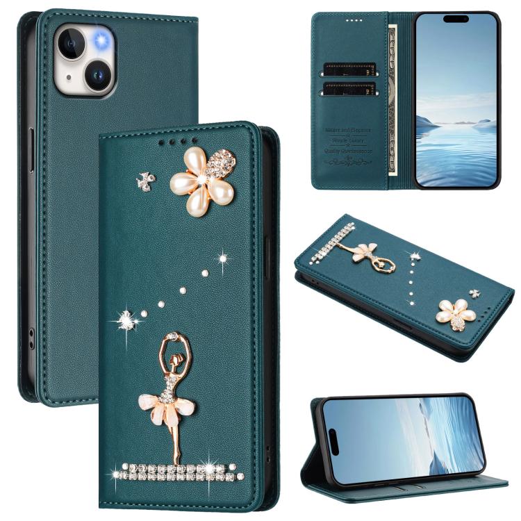 발레 소녀 다이아몬드 장식 RFID 비건 가죽 폰 케이스, iPhone 15용, iPhone 14 Plus용, iPhone 14 / 13용, iPhone 14 Pro용, iPhone 14 Pro Max용, iPhone 13 Pro Max용