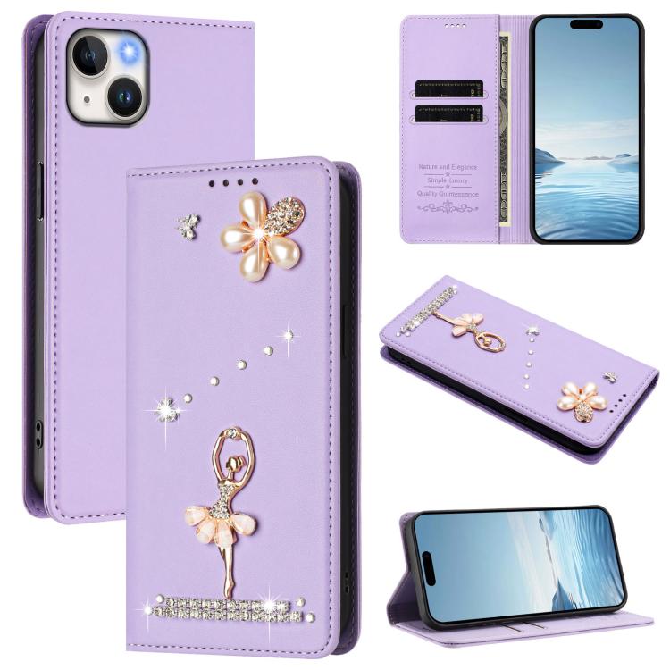 발레 소녀 다이아몬드 장식 RFID 비건 가죽 폰 케이스, iPhone 15용, iPhone 14 Plus용, iPhone 14 / 13용, iPhone 14 Pro용, iPhone 14 Pro Max용, iPhone 13 Pro Max용