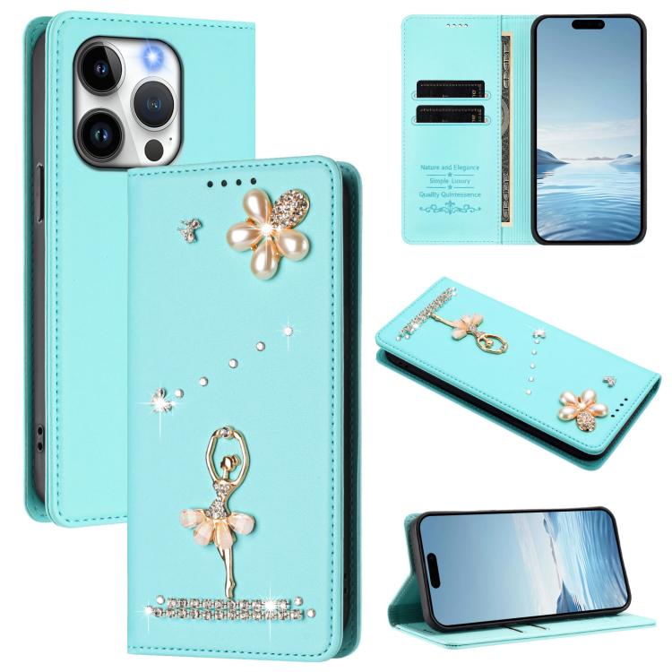 발레 소녀 다이아몬드 장식 RFID 비건 가죽 폰 케이스, iPhone 15용, iPhone 14 Plus용, iPhone 14 / 13용, iPhone 14 Pro용, iPhone 14 Pro Max용, iPhone 13 Pro Max용