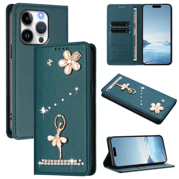 발레 소녀 다이아몬드 장식 RFID 비건 가죽 폰 케이스, iPhone 15용, iPhone 14 Plus용, iPhone 14 / 13용, iPhone 14 Pro용, iPhone 14 Pro Max용, iPhone 13 Pro Max용