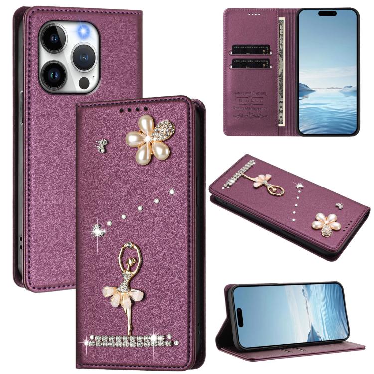 발레 소녀 다이아몬드 장식 RFID 비건 가죽 폰 케이스, iPhone 15용, iPhone 14 Plus용, iPhone 14 / 13용, iPhone 14 Pro용, iPhone 14 Pro Max용, iPhone 13 Pro Max용