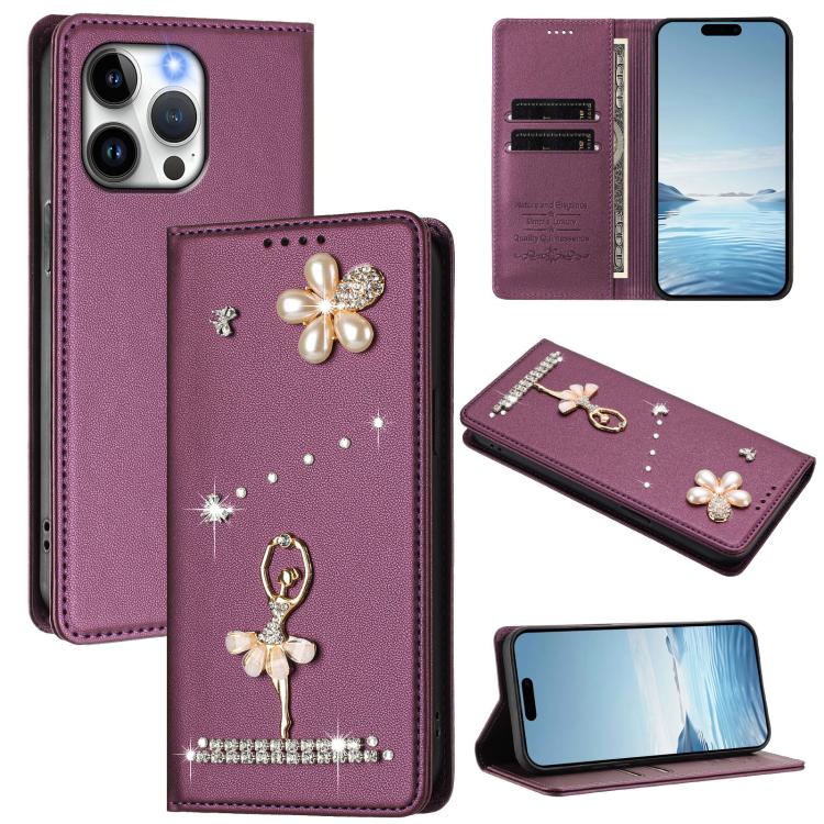 발레 소녀 다이아몬드 장식 RFID 비건 가죽 폰 케이스, iPhone 15용, iPhone 14 Plus용, iPhone 14 / 13용, iPhone 14 Pro용, iPhone 14 Pro Max용, iPhone 13 Pro Max용