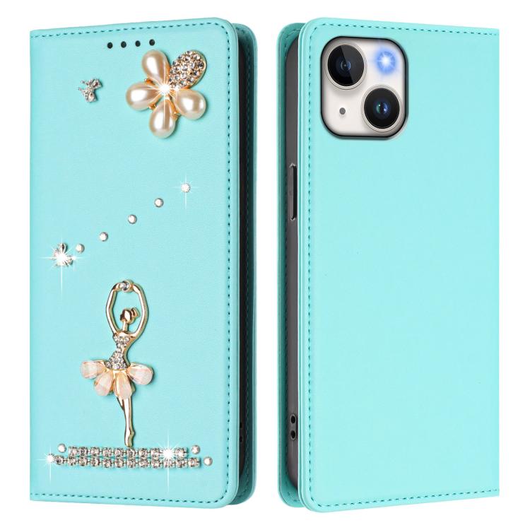 발레 소녀 다이아몬드 장식 RFID 비건 가죽 폰 케이스, iPhone 15용, iPhone 14 Plus용, iPhone 14 / 13용, iPhone 14 Pro용, iPhone 14 Pro Max용, iPhone 13 Pro Max용
