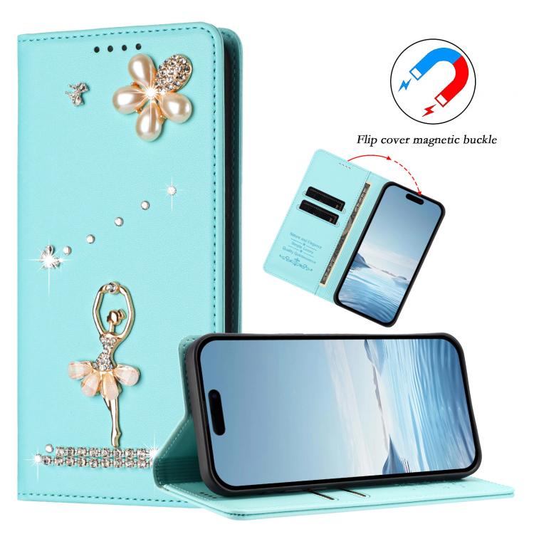 발레 소녀 다이아몬드 장식 RFID 비건 가죽 폰 케이스, iPhone 15용, iPhone 14 Plus용, iPhone 14 / 13용, iPhone 14 Pro용, iPhone 14 Pro Max용, iPhone 13 Pro Max용