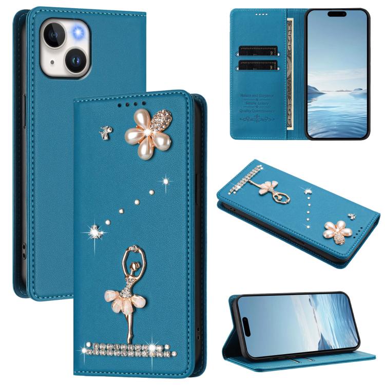 발레 소녀 다이아몬드 장식 RFID 비건 가죽 폰 케이스, iPhone 15용, iPhone 14 Plus용, iPhone 14 / 13용, iPhone 14 Pro용, iPhone 14 Pro Max용, iPhone 13 Pro Max용