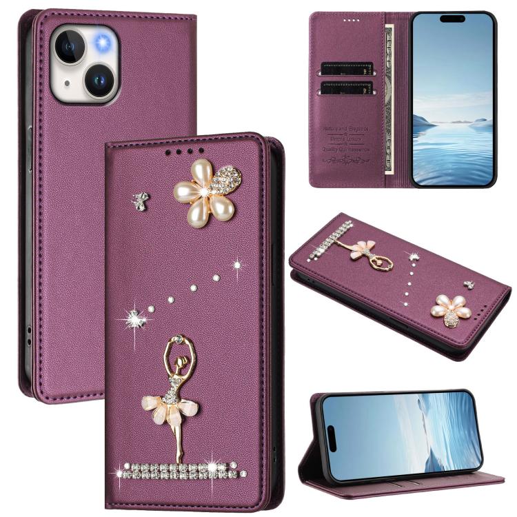 발레 소녀 다이아몬드 장식 RFID 비건 가죽 폰 케이스, iPhone 15용, iPhone 14 Plus용, iPhone 14 / 13용, iPhone 14 Pro용, iPhone 14 Pro Max용, iPhone 13 Pro Max용