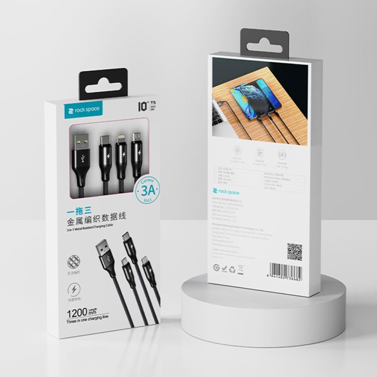 ROCK RCB0790 1.2m 3-in-1 USB to 8핀 + 타입-C + 마이크로 USB 메탈 브레이디드 충전 케이블, RCB0790