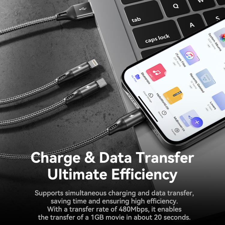 ROCK RCB0790 1.2m 3-in-1 USB to 8핀 + 타입-C + 마이크로 USB 메탈 브레이디드 충전 케이블, RCB0790