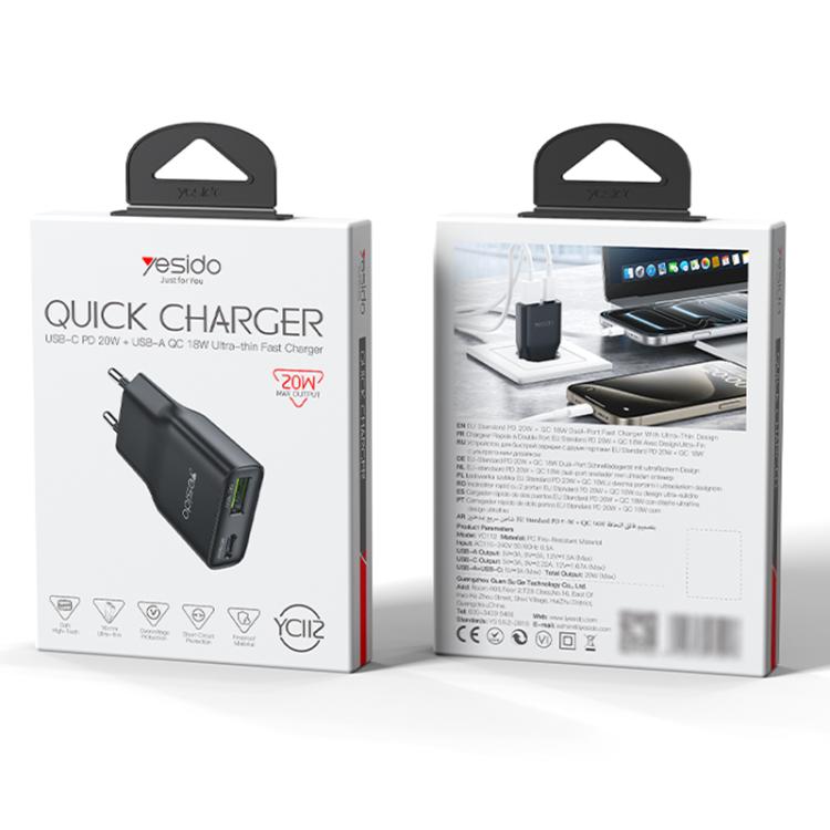 Yesido YC112 초슬림 20W 듀얼 포트 PD QC 고속 충전기, YC112