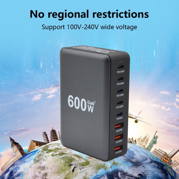 600W USB-C / 타입-C 및 USB-A 8포트 고출력 GaN 데스크탑 고속 충전기, EU 플러그, US 플러그, UK 플러그, AU 플러그