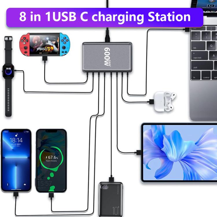 600W USB-C / 타입-C 및 USB-A 8포트 고출력 GaN 데스크탑 고속 충전기, EU 플러그, US 플러그, UK 플러그, AU 플러그