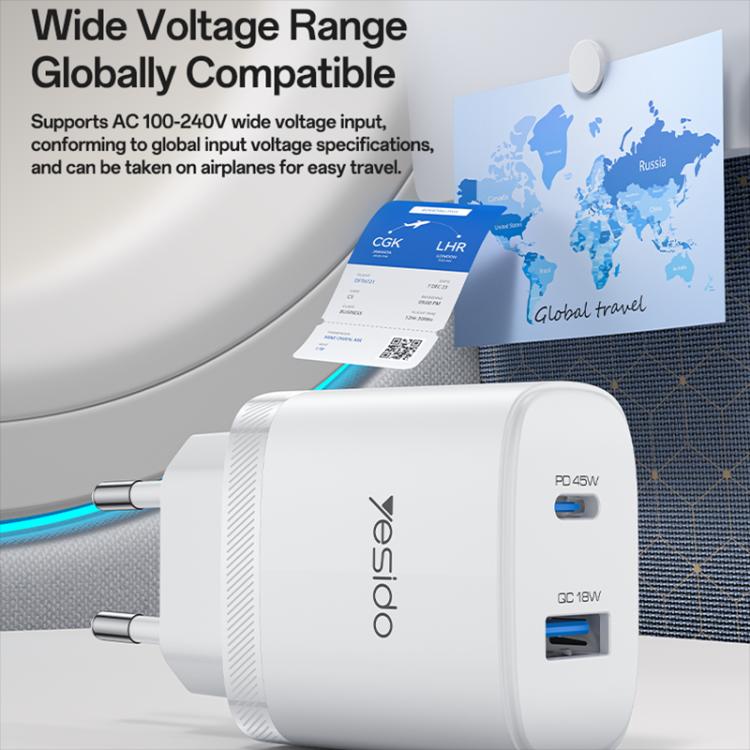 Yesido PD45W USB 및 타입-C 듀얼 인터페이스 고속 충전기 세트, EU 플러그, UK 플러그, US 플러그