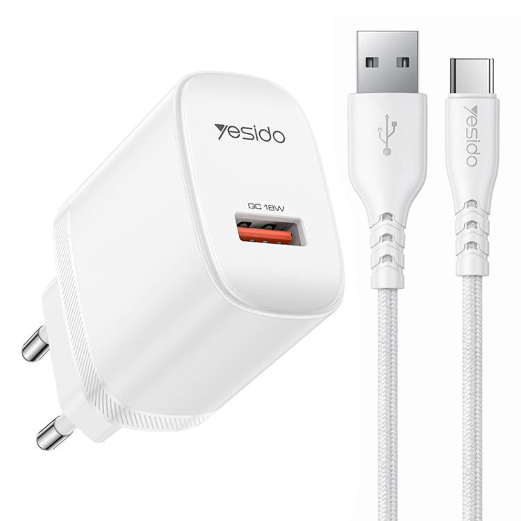 Yesido 18W USB 단일 인터페이스 충전기 세트 USB to 타입-C 케이블 포함, EU 플러그, UK 플러그, US 플러그