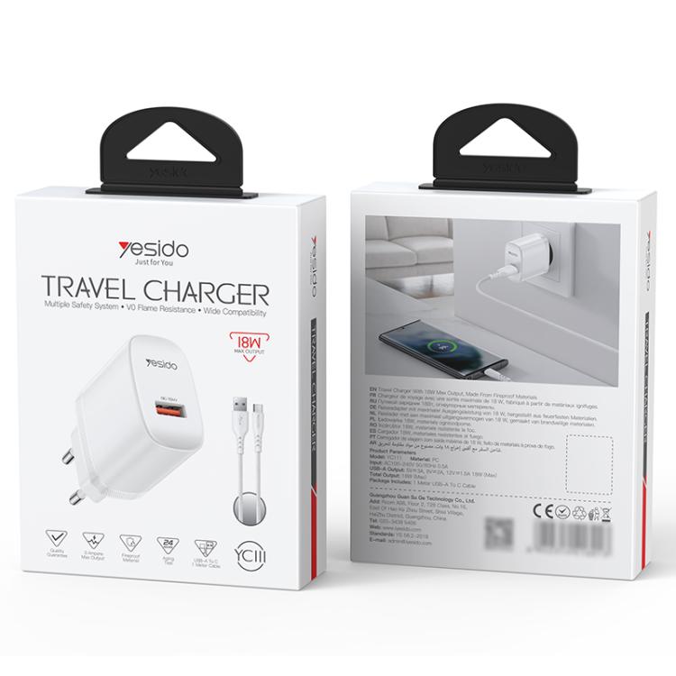 Yesido 18W USB 단일 인터페이스 충전기 세트 USB to 타입-C 케이블 포함, EU 플러그, UK 플러그, US 플러그