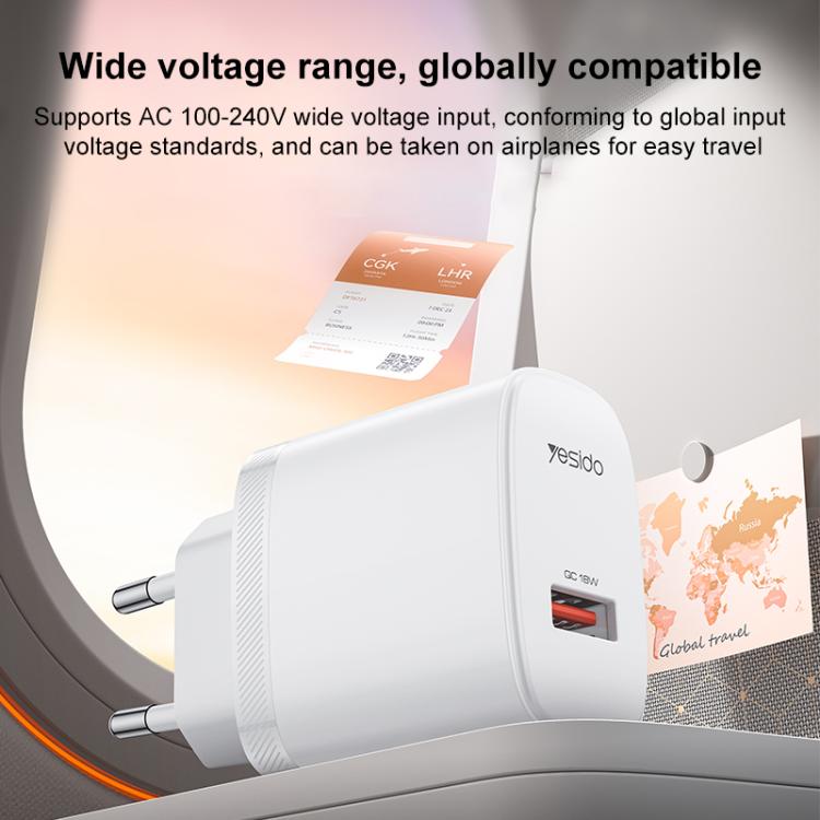 Yesido 18W USB 단일 인터페이스 충전기 세트 USB to 타입-C 케이블 포함, EU 플러그, UK 플러그, US 플러그